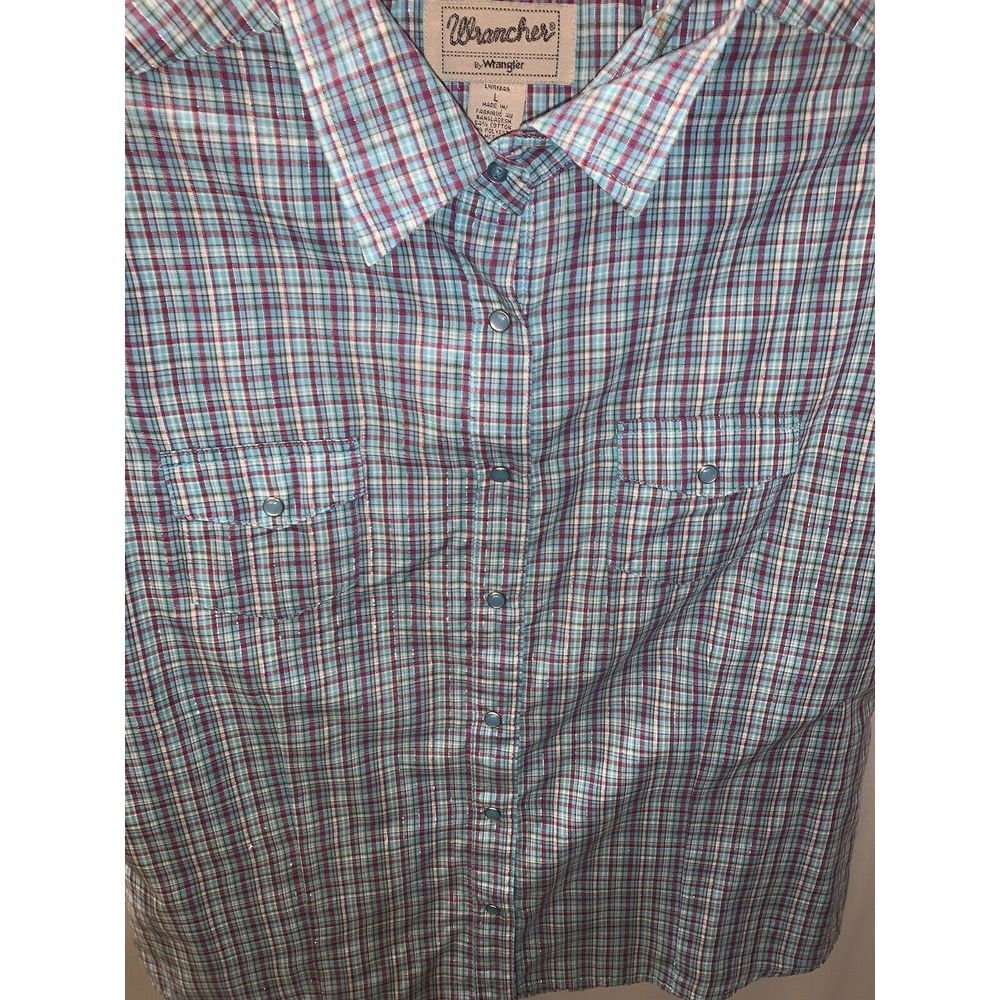 Women's L Blue Pink Sparkle plaid Wrancher Wrangler Short Sleeve Pearl Snap - Picture 13 of 16